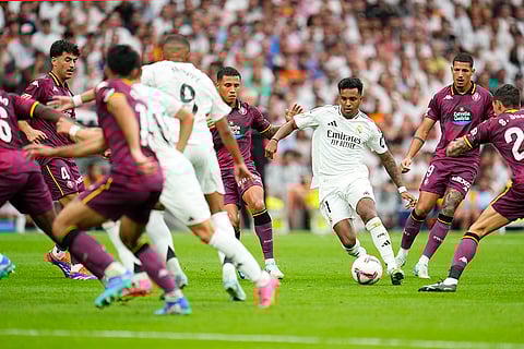 La liga 2024-25: Real Madrid's Rodrygo, centre right, controls the ball against Valladolid